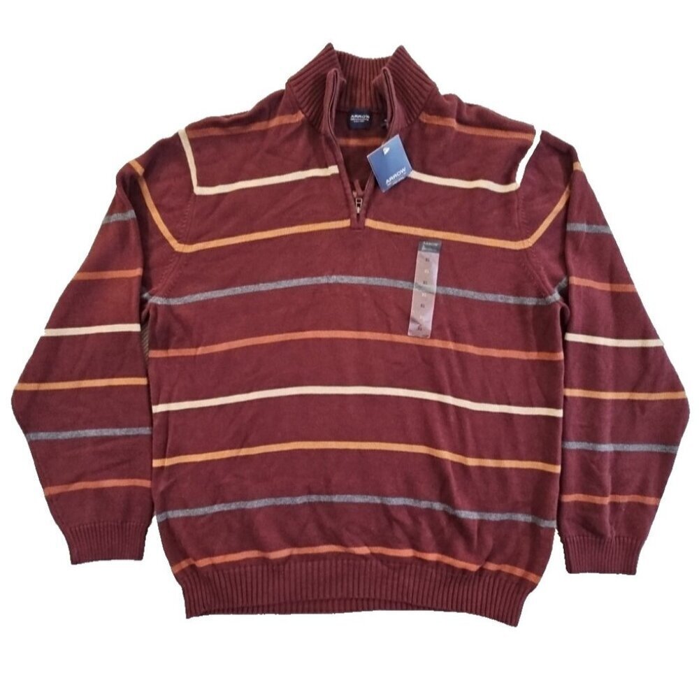 Arrow Men's Quarter Zip Henley Size XL Red‎ Horizontal Stripes Long Sleeve NWT